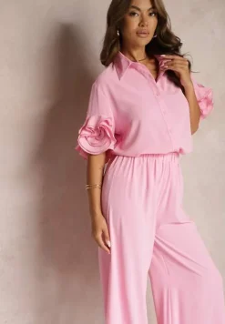 Różowy Komplet Szerokie Spodnie i Koszula z Falbanami Rivathins