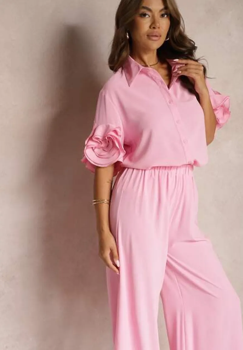 Różowy Komplet Szerokie Spodnie i Koszula z Falbanami Rivathins