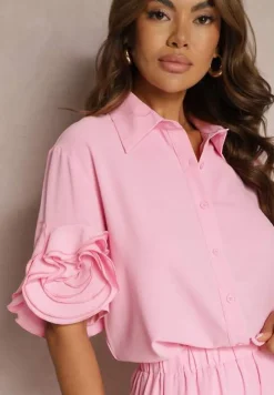 Różowy Komplet Szerokie Spodnie i Koszula z Falbanami Rivathins