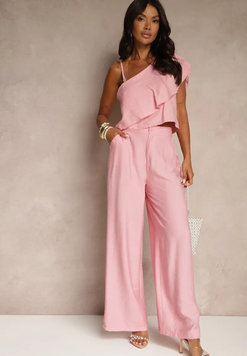 Różowy Komplet z Wiskozą Top z Falbanką na Jedno Ramię i Spodnie Wide Leg Nirellea