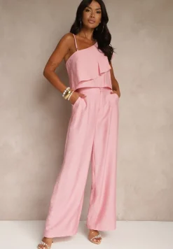 Różowy Komplet z Wiskozą Top z Falbanką na Jedno Ramię i Spodnie Wide Leg Nirellea