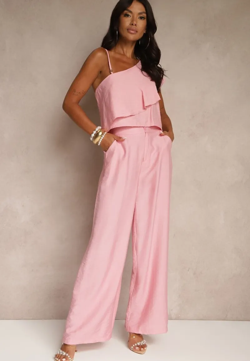 Różowy Komplet z Wiskozą Top z Falbanką na Jedno Ramię i Spodnie Wide Leg Nirellea