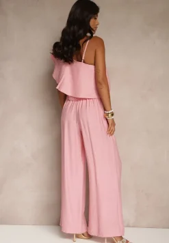 Różowy Komplet z Wiskozą Top z Falbanką na Jedno Ramię i Spodnie Wide Leg Nirellea