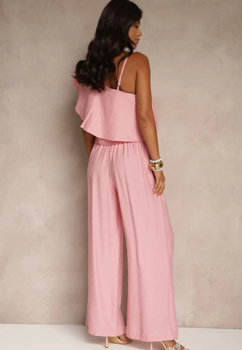 Różowy Komplet z Wiskozą Top z Falbanką na Jedno Ramię i Spodnie Wide Leg Nirellea