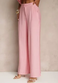 Różowy Komplet z Wiskozą Top z Falbanką na Jedno Ramię i Spodnie Wide Leg Nirellea