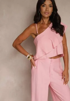 Różowy Komplet z Wiskozą Top z Falbanką na Jedno Ramię i Spodnie Wide Leg Nirellea