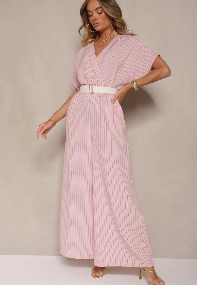 Różowy Kopertowy Kombinezon z Nietoperzowymi Rękawami i Paskiem Tollamira