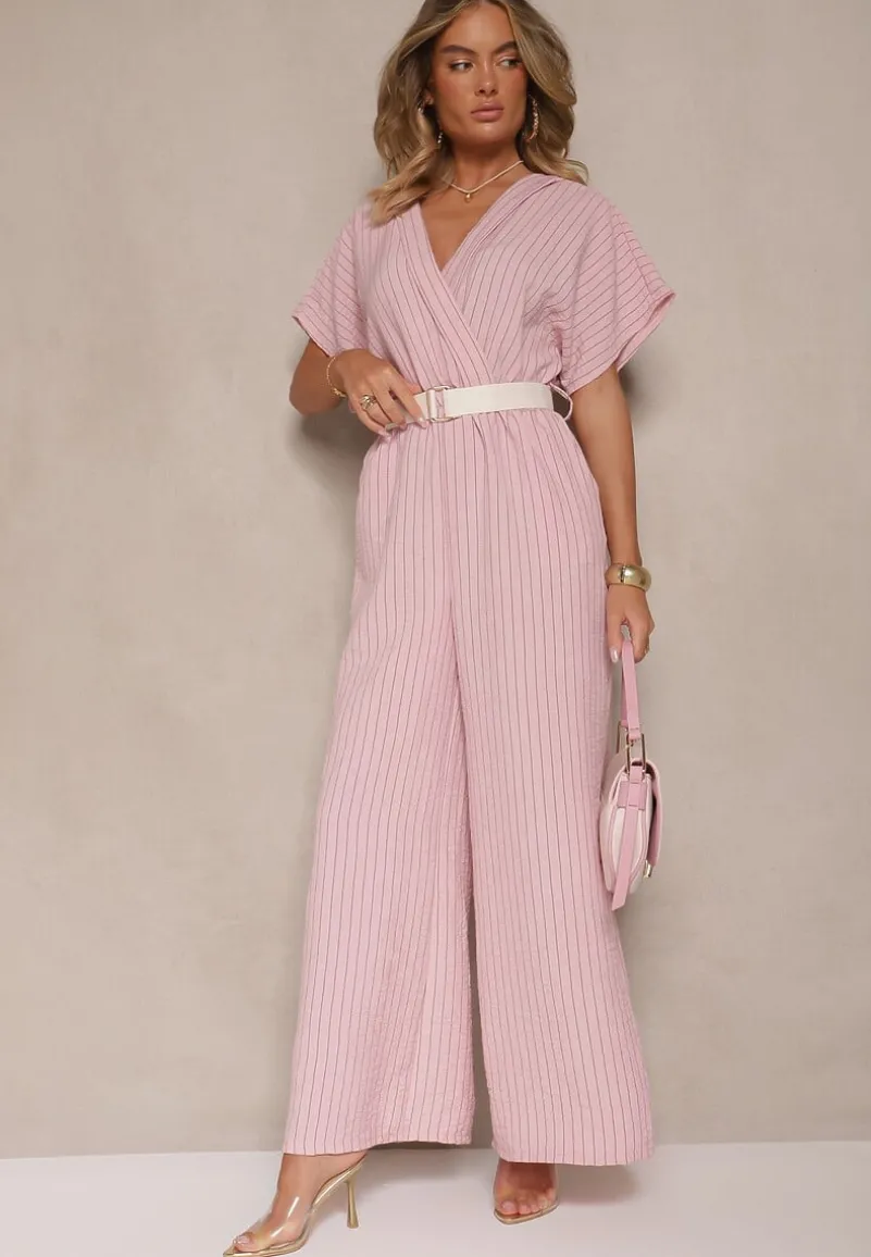 Różowy Kopertowy Kombinezon z Nietoperzowymi Rękawami i Paskiem Tollamira