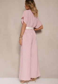 Różowy Kopertowy Kombinezon z Nietoperzowymi Rękawami i Paskiem Tollamira