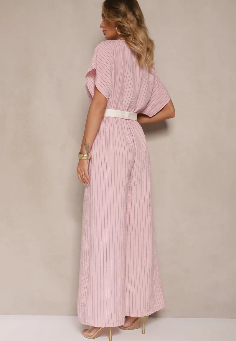 Różowy Kopertowy Kombinezon z Nietoperzowymi Rękawami i Paskiem Tollamira