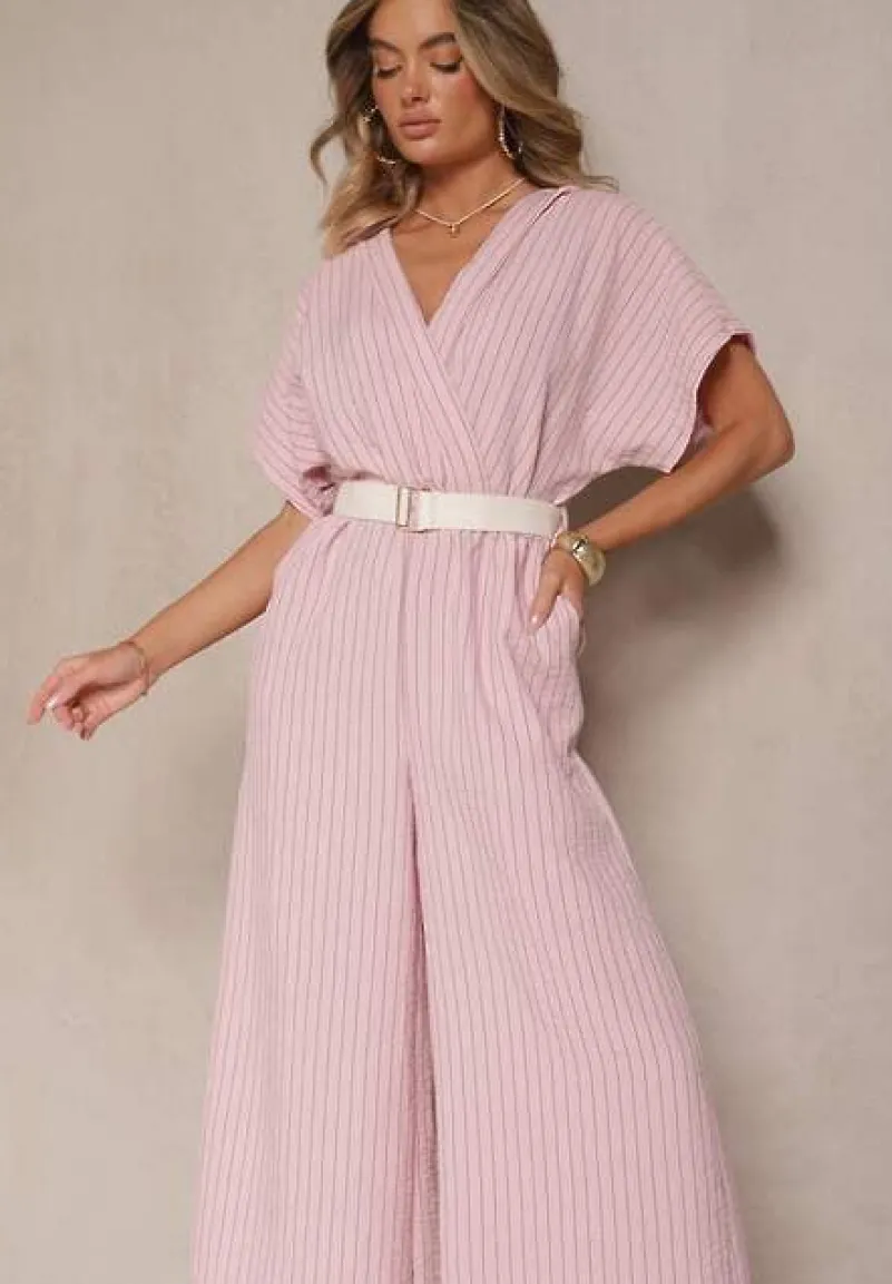 Różowy Kopertowy Kombinezon z Nietoperzowymi Rękawami i Paskiem Tollamira