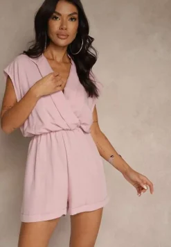 Różowy Krótki Kombinezon z Kopertowym Dekoltem z Wiskozy Ariamia