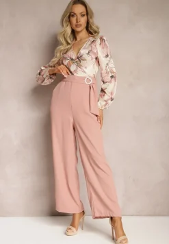 Różowy Kwiatowy Kombinezon z Kopertowym Dekoltem z Paskiem i Szerokimi Nogawkami Vinia