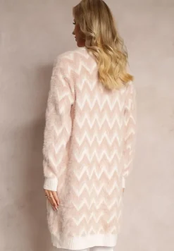 Różowy Niezapinany Kardigan o Przedłużonym Fasonie w Zygzaki Chevron Oherna