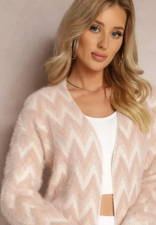 Różowy Niezapinany Kardigan o Przedłużonym Fasonie w Zygzaki Chevron Oherna