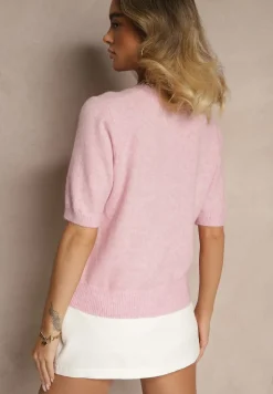 Różowy Sweter z Wełną Krótkim Rękawem Ozdobiony Ściągaczami Emiralin