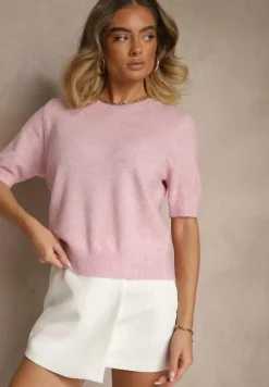 Różowy Sweter z Wełną Krótkim Rękawem Ozdobiony Ściągaczami Emiralin