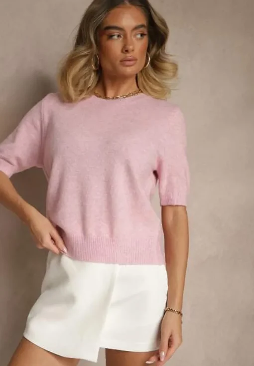 Różowy Sweter z Wełną Krótkim Rękawem Ozdobiony Ściągaczami Emiralin
