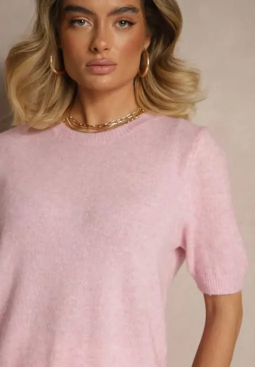 Różowy Sweter z Wełną Krótkim Rękawem Ozdobiony Ściągaczami Emiralin