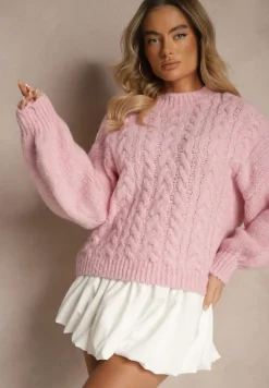 Różowy Sweter z Wełną o Eleganckim Warkoczowym Splotem Makkaria