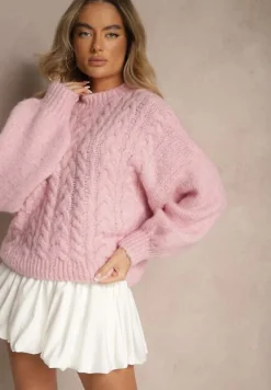Różowy Sweter z Wełną o Eleganckim Warkoczowym Splotem Makkaria