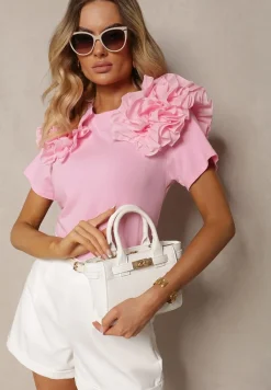 Różowy T-shirt z Bawełny Ozdobiony Bufiastymi Falbankami Kandrra
