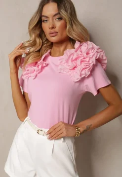 Różowy T-shirt z Bawełny Ozdobiony Bufiastymi Falbankami Kandrra