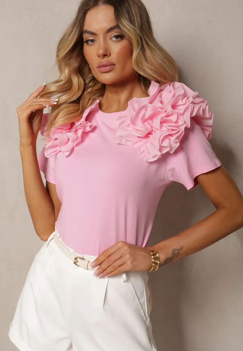 Różowy T-shirt z Bawełny Ozdobiony Bufiastymi Falbankami Kandrra