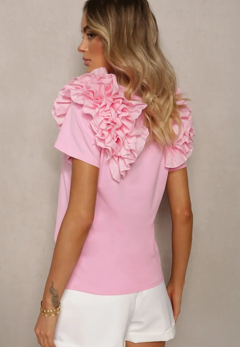 Różowy T-shirt z Bawełny Ozdobiony Bufiastymi Falbankami Kandrra