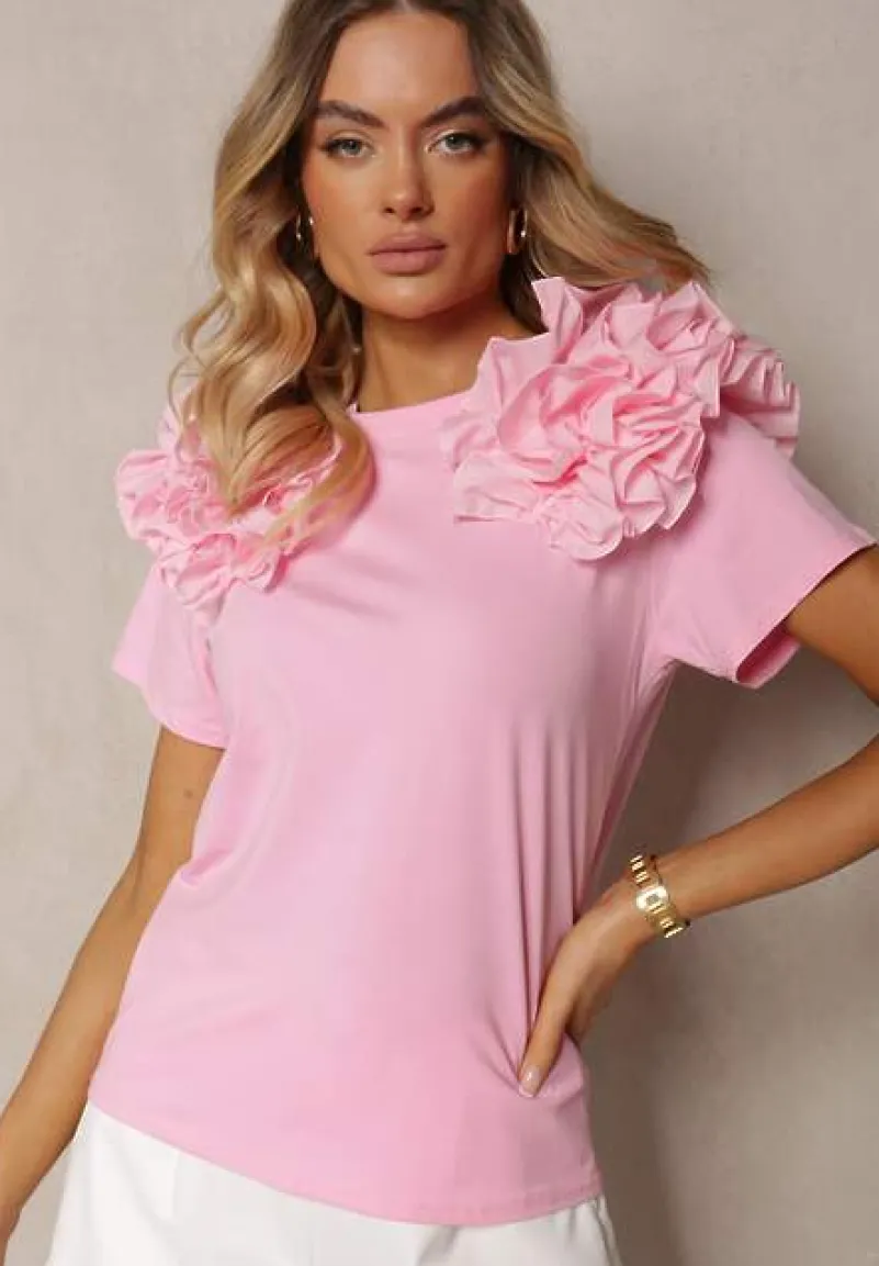 Różowy T-shirt z Bawełny Ozdobiony Bufiastymi Falbankami Kandrra