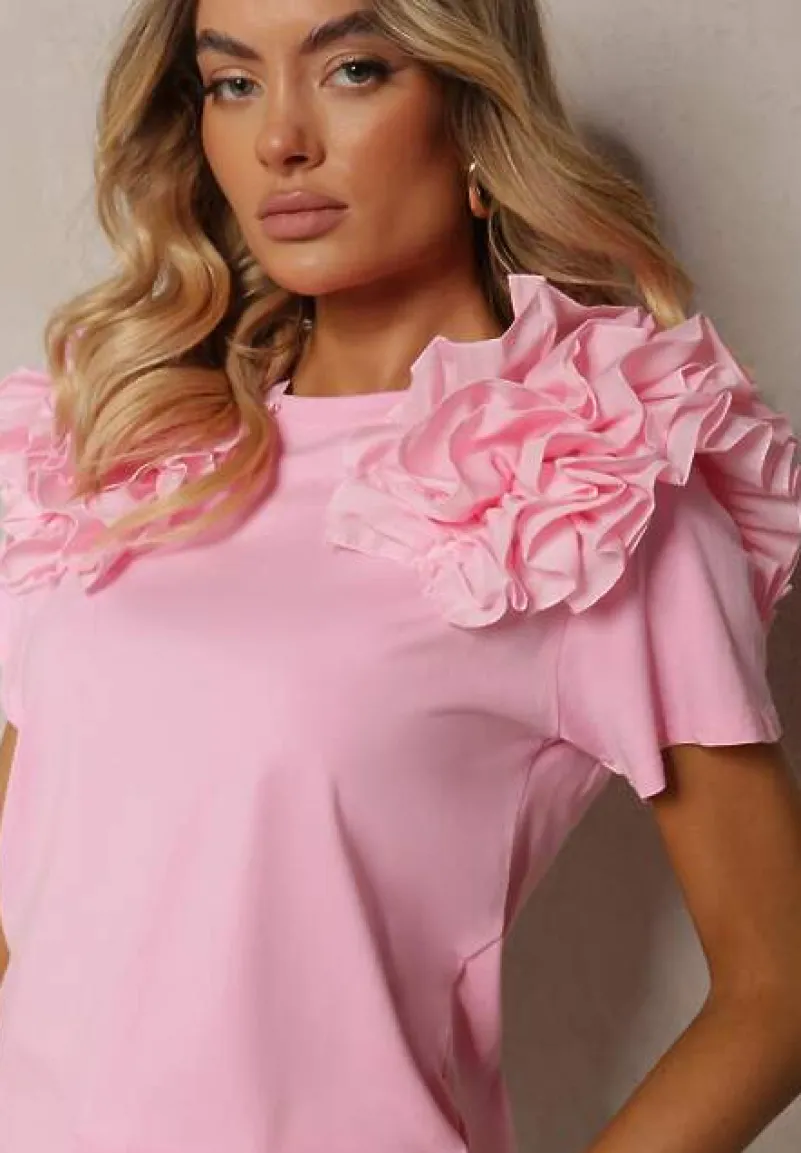 Różowy T-shirt z Bawełny Ozdobiony Bufiastymi Falbankami Kandrra