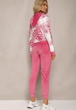 Różowy Welurowy Komplet Dresowy z Wzorzystą Bluzą z Kapturem i Joggerami Rouviana