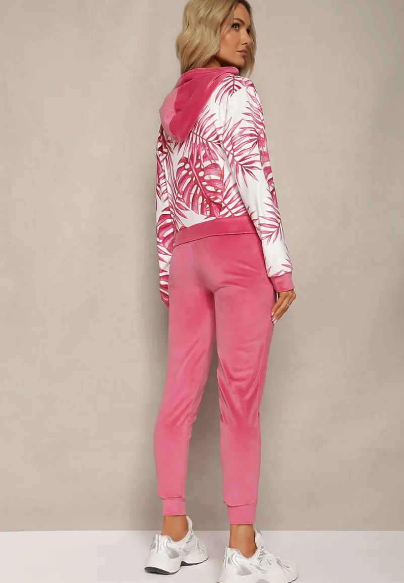 Różowy Welurowy Komplet Dresowy z Wzorzystą Bluzą z Kapturem i Joggerami Rouviana