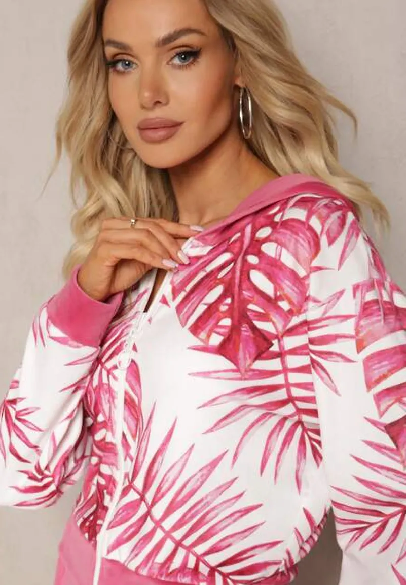 Różowy Welurowy Komplet Dresowy z Wzorzystą Bluzą z Kapturem i Joggerami Rouviana