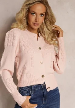 Różowy Wiskozowy Kardigan ze Ściągaczami Zapinany na Guziki Genadia