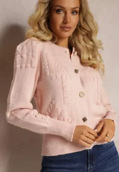 Różowy Wiskozowy Kardigan ze Ściągaczami Zapinany na Guziki Genadia