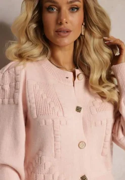 Różowy Wiskozowy Kardigan ze Ściągaczami Zapinany na Guziki Genadia