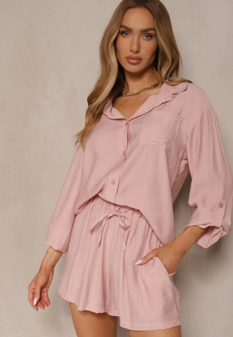 Różowy Wiskozowy Komplet Koszula i Szorty Luźne Efrone