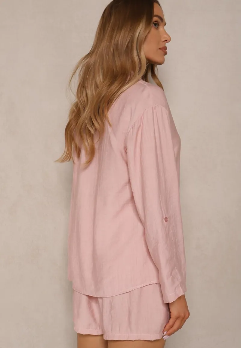 Różowy Wiskozowy Komplet Koszula i Szorty Luźne Efrone