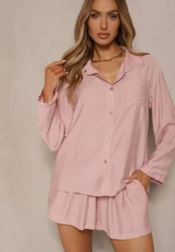 Różowy Wiskozowy Komplet Koszula i Szorty Luźne Efrone