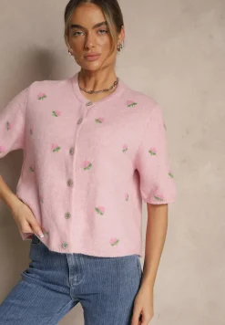 Różowy Wzorzysty Sweter Kardigan z Krótkim Rękawem z Dodatkiem Wełny Korivelle