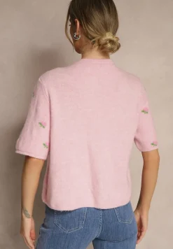 Różowy Wzorzysty Sweter Kardigan z Krótkim Rękawem z Dodatkiem Wełny Korivelle