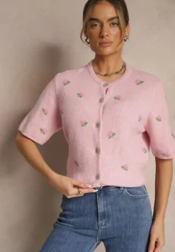 Różowy Wzorzysty Sweter Kardigan z Krótkim Rękawem z Dodatkiem Wełny Korivelle