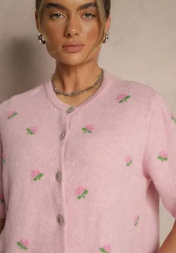 Różowy Wzorzysty Sweter Kardigan z Krótkim Rękawem z Dodatkiem Wełny Korivelle