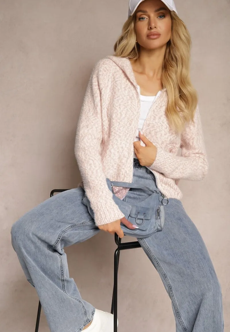 Różowy Zasuwany Kardigan z Melanżowej Dzianiny z Wełną z Kapturem Daisline