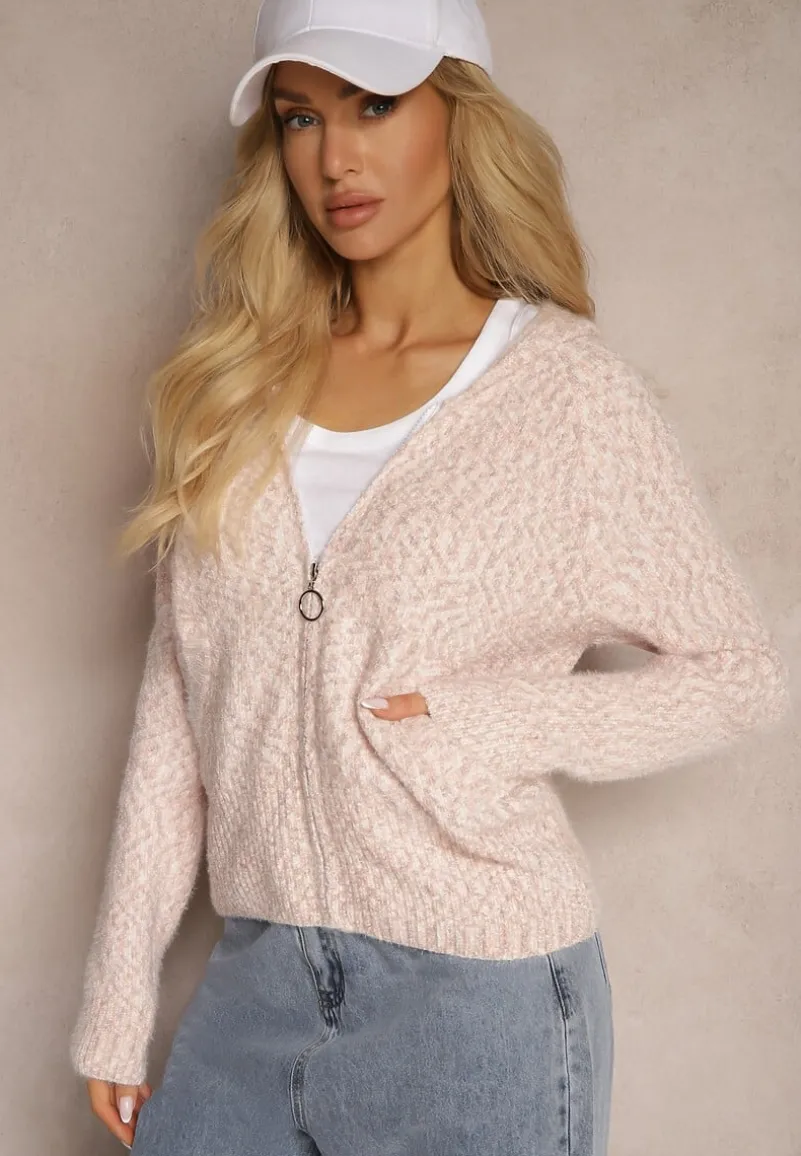 Różowy Zasuwany Kardigan z Melanżowej Dzianiny z Wełną z Kapturem Daisline