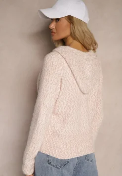 Różowy Zasuwany Kardigan z Melanżowej Dzianiny z Wełną z Kapturem Daisline