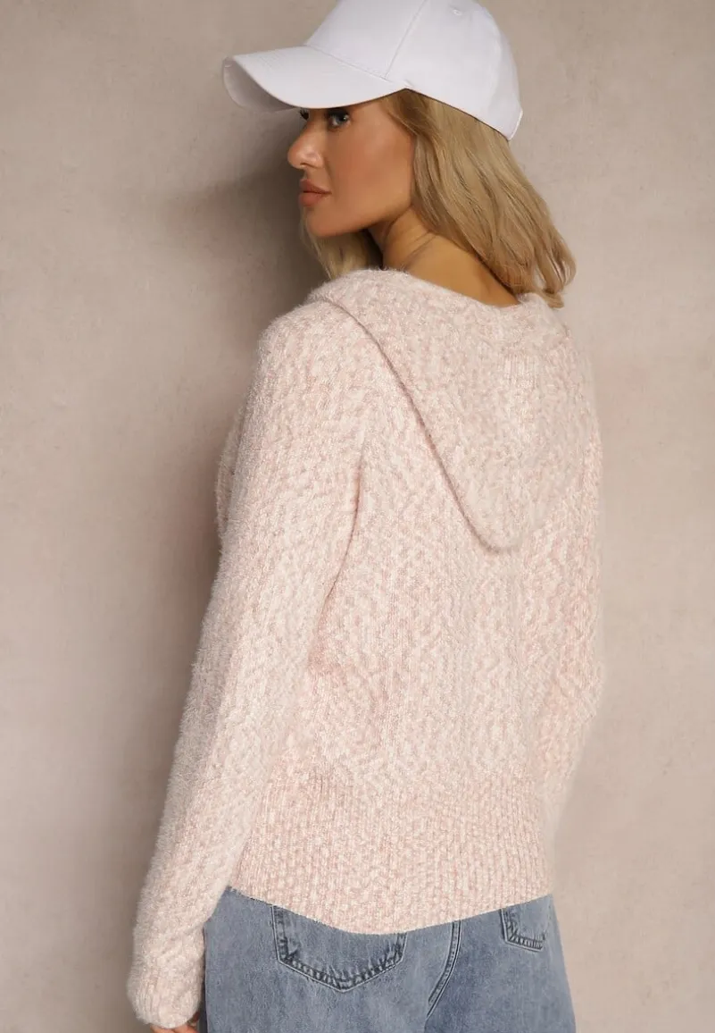 Różowy Zasuwany Kardigan z Melanżowej Dzianiny z Wełną z Kapturem Daisline