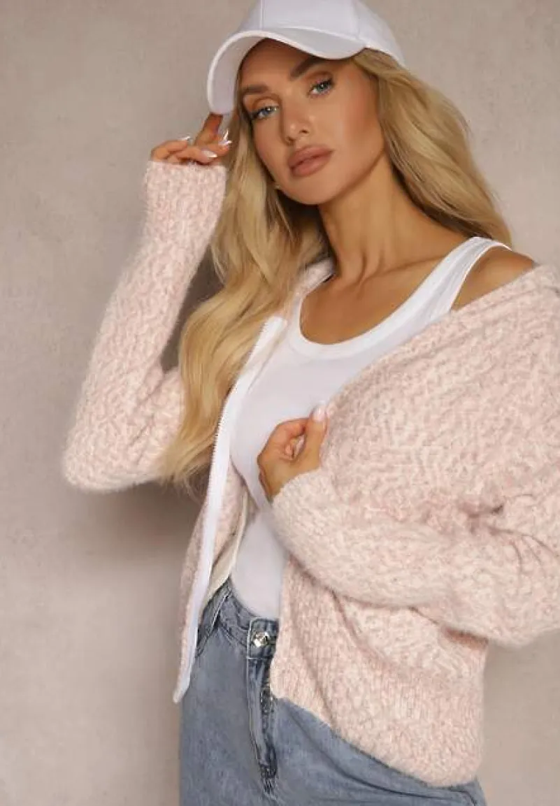 Różowy Zasuwany Kardigan z Melanżowej Dzianiny z Wełną z Kapturem Daisline