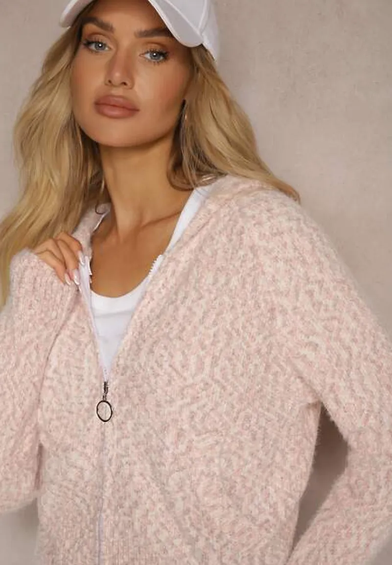 Różowy Zasuwany Kardigan z Melanżowej Dzianiny z Wełną z Kapturem Daisline